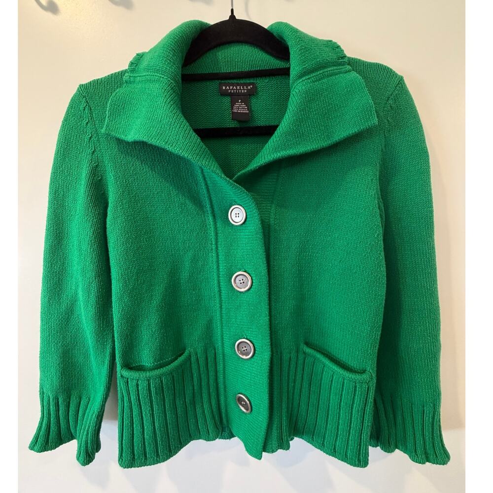 Rafaella Petites Green Chunky Knit Sweater 3/4 Sleeve Collared Cozy Fall